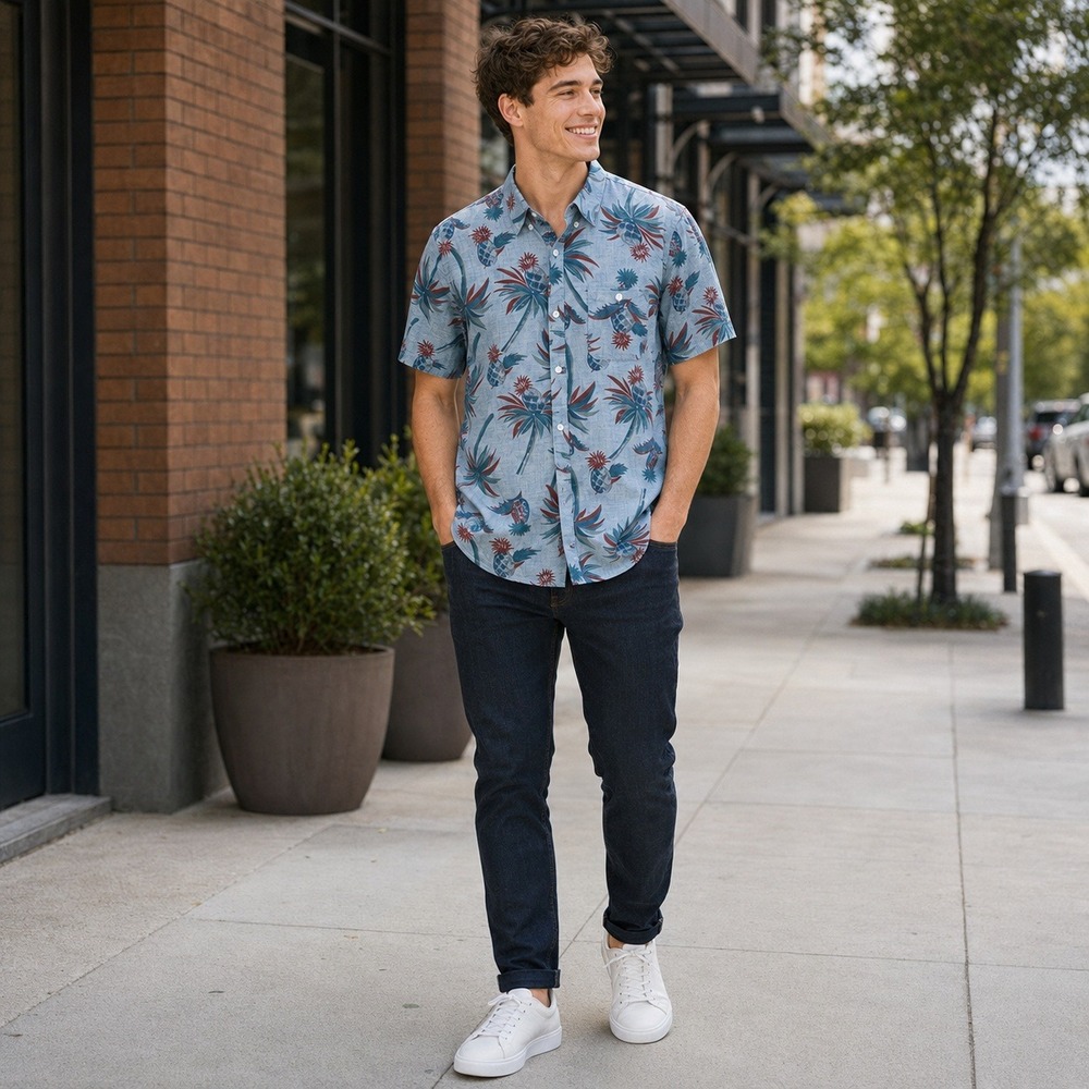 Vans Mens Large Blue Tropical Pineapple Palm Tree Short Sleeve Button Down Shirt
